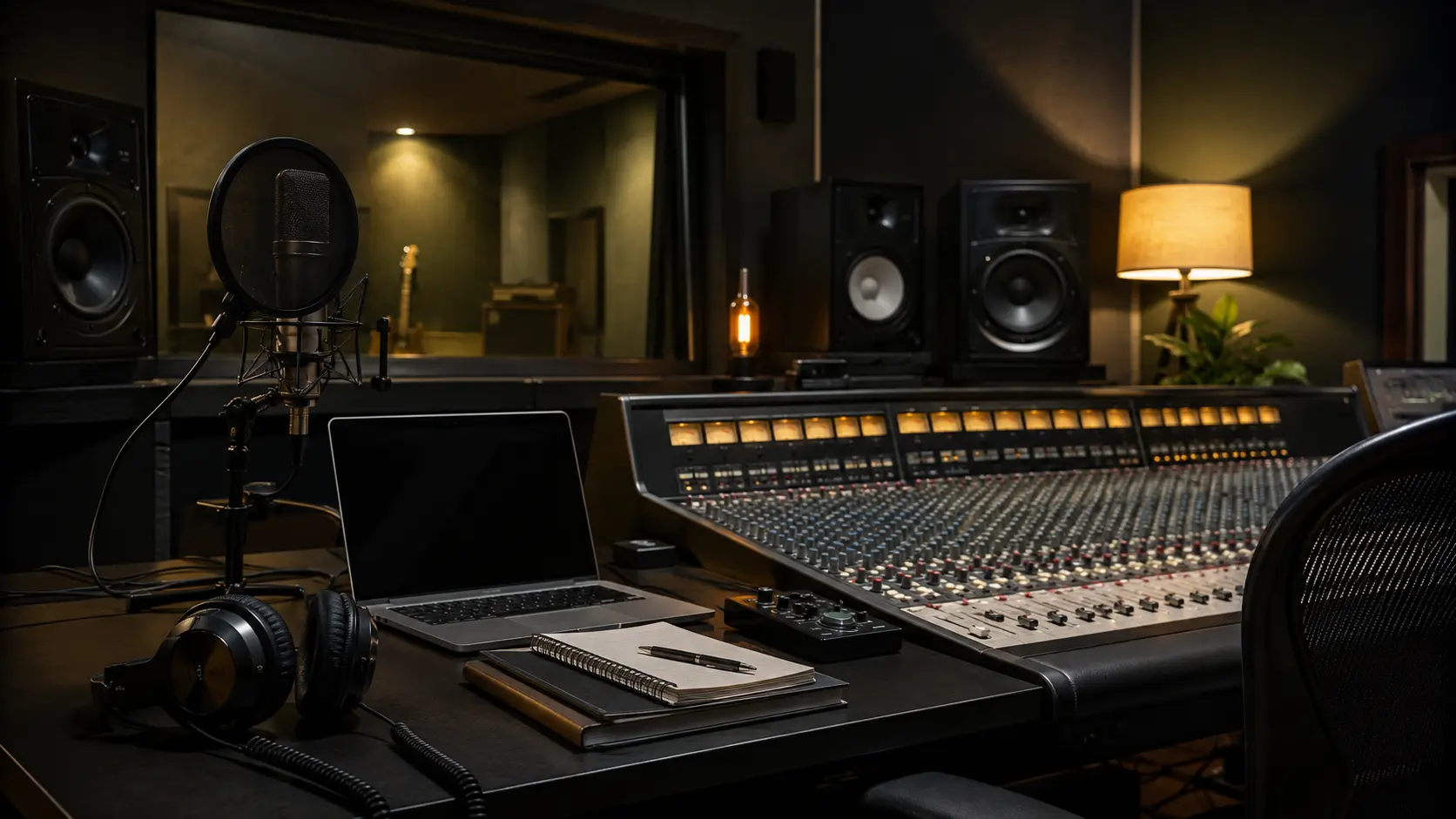 Recording studio with mixing console, microphone and studio monitors