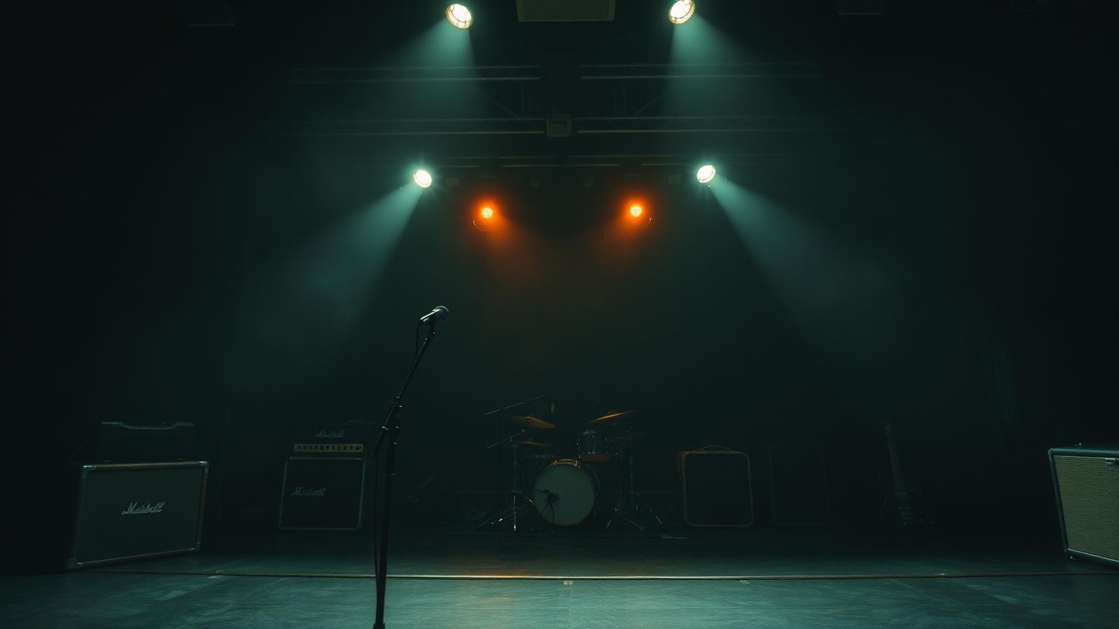 Empty live music venue stage with microphone, drum kit and amplifiers under warm stage lighting
